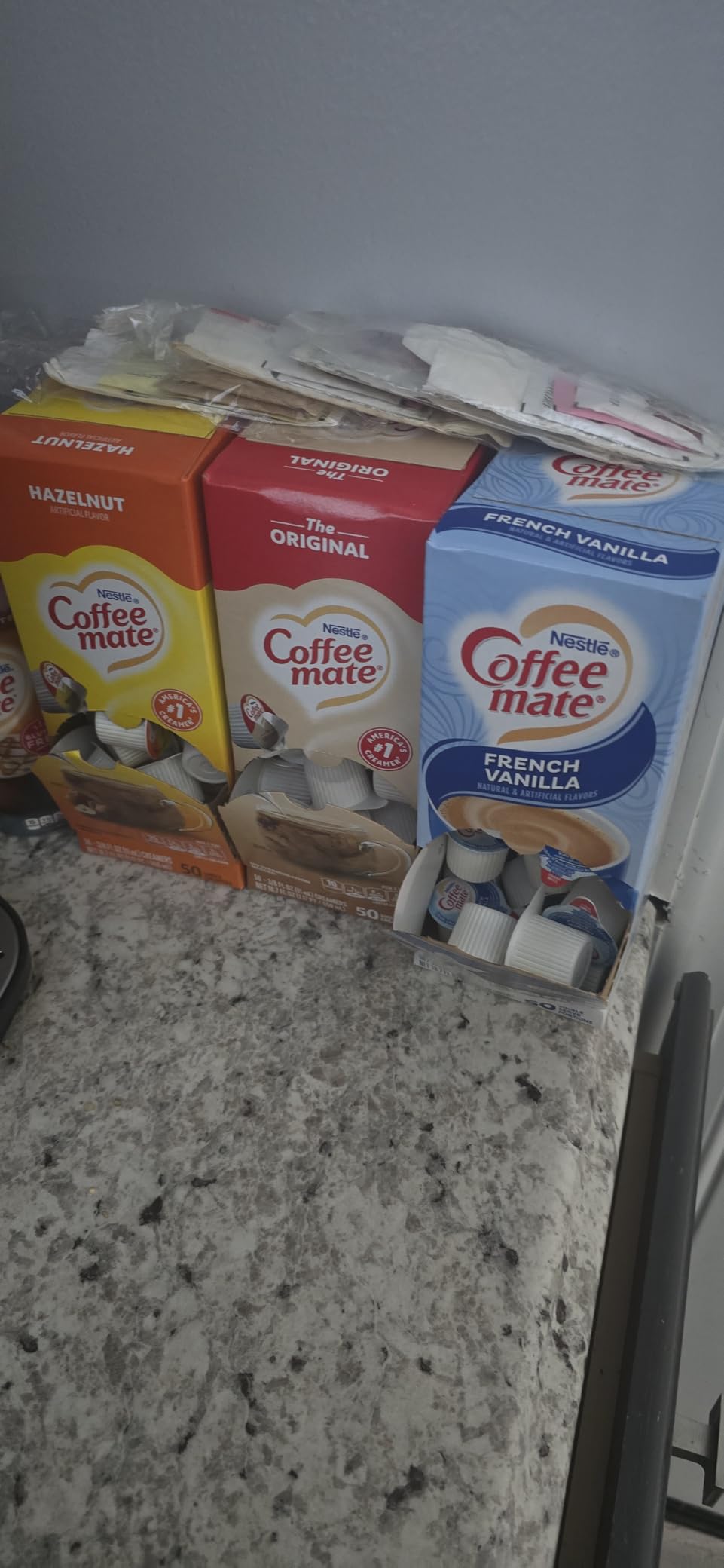Nestle Coffee mate Creamer Singles Variety Pack, Original, French Vanilla, Hazelnut, Non Dairy, No Refrigeration, 0.375 fl oz Tubs, 150 Count (Pack of 50 Per Flavor) - Customer Photo 2