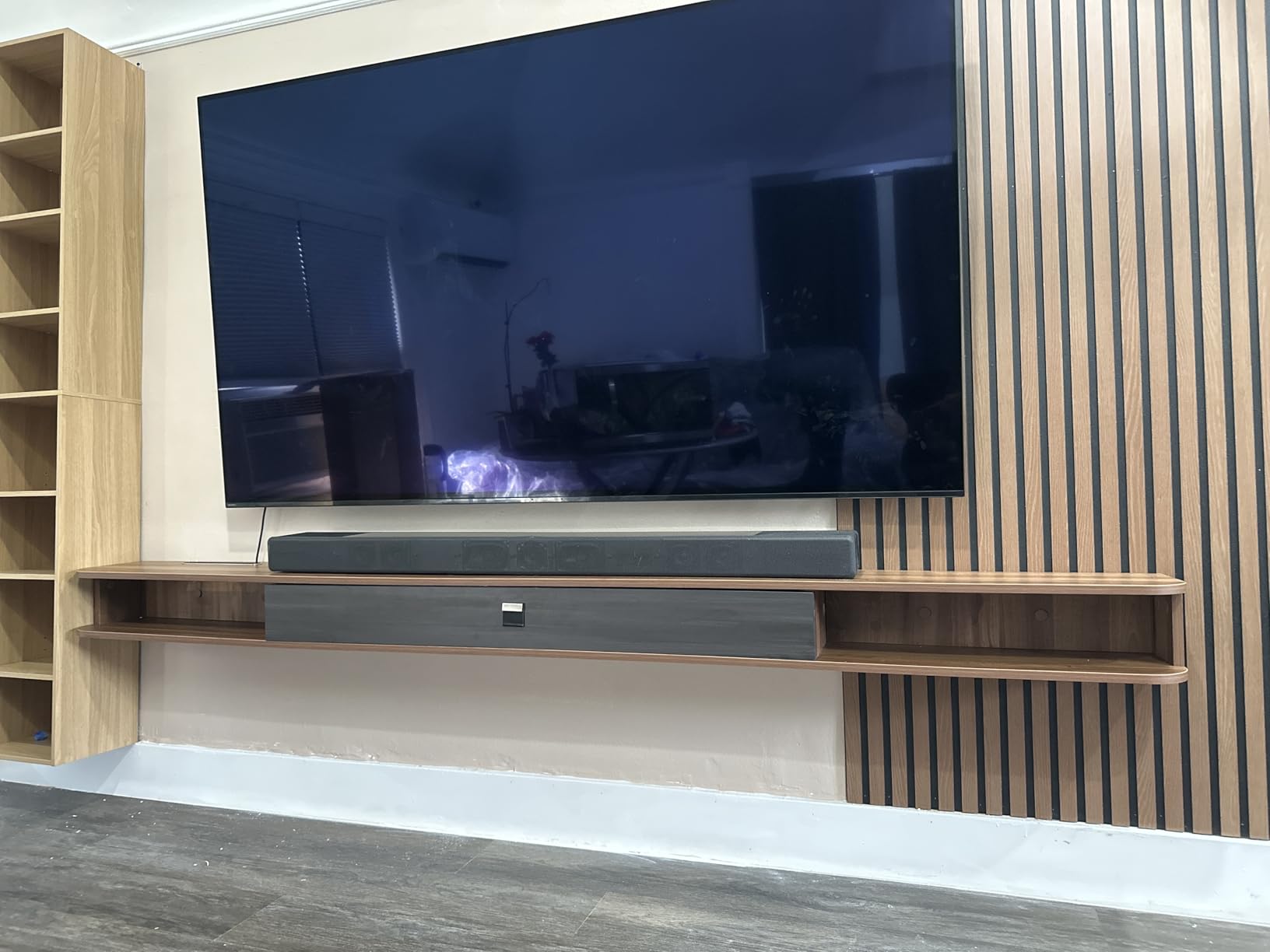 Pmnianhua Floating TV Shelf, 55'' Wall Mounted TV Stand Floating TV Console Media Entertainment Under TV Shelf for Bedroom Livingroom (Walnut) - Customer Photo 1