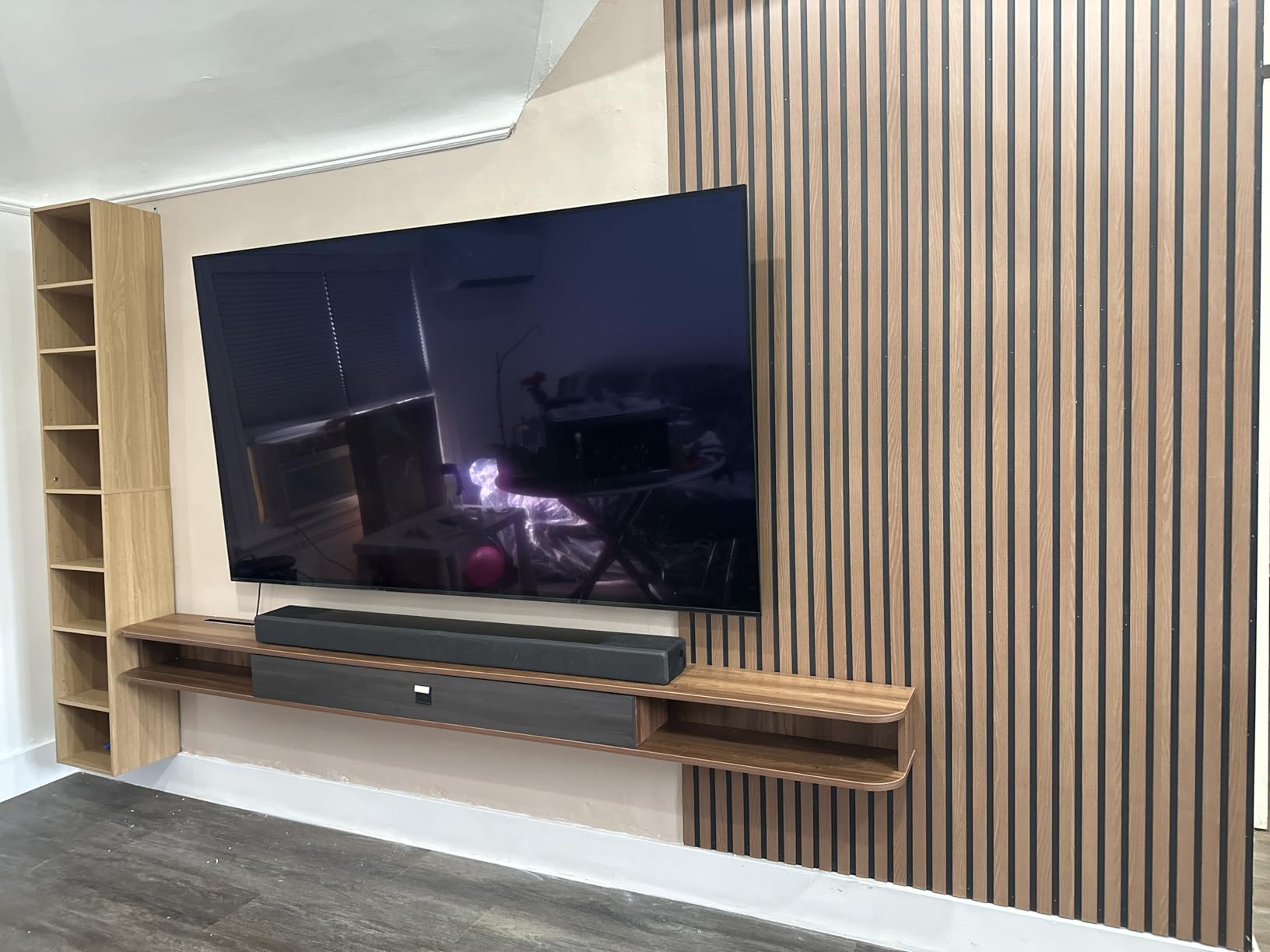 Pmnianhua Floating TV Shelf, 55'' Wall Mounted TV Stand Floating TV Console Media Entertainment Under TV Shelf for Bedroom Livingroom (Walnut) - Customer Photo 2