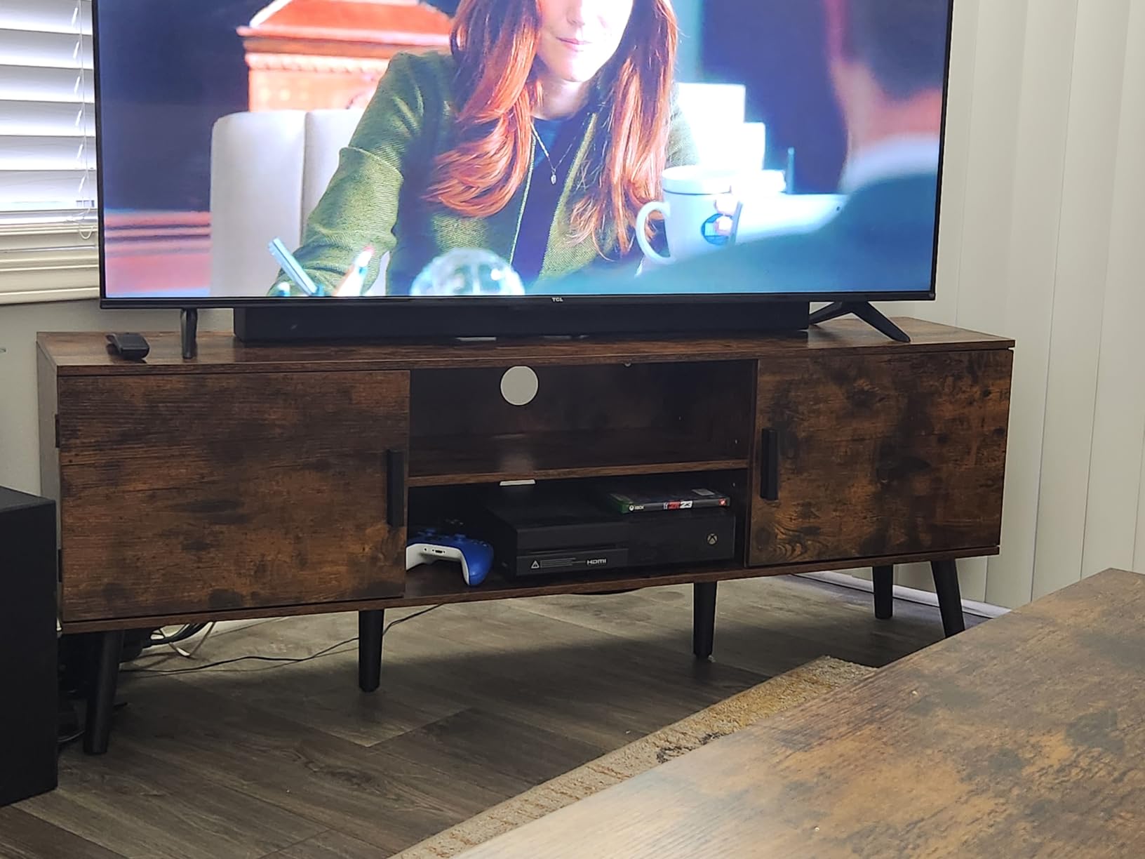SUPERJARE TV Stand for 55 Inch TV, Entertainment Center with Adjustable Shelf, 2 Cabinets, TV Console Table, Media Console, Solid Wood Feet, Cord Holes, for Living Room, Bedroom, Black - Customer Photo 1