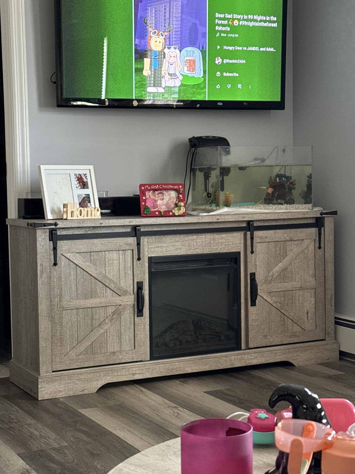 OKD Farmhouse Electric TV Stand for 65+ Inch TV, Rustic Entertainment Center with 18 OKD Farmhouse Electric TV Stand for 65+ Inch TV, Rustic Entertainment Center with 18