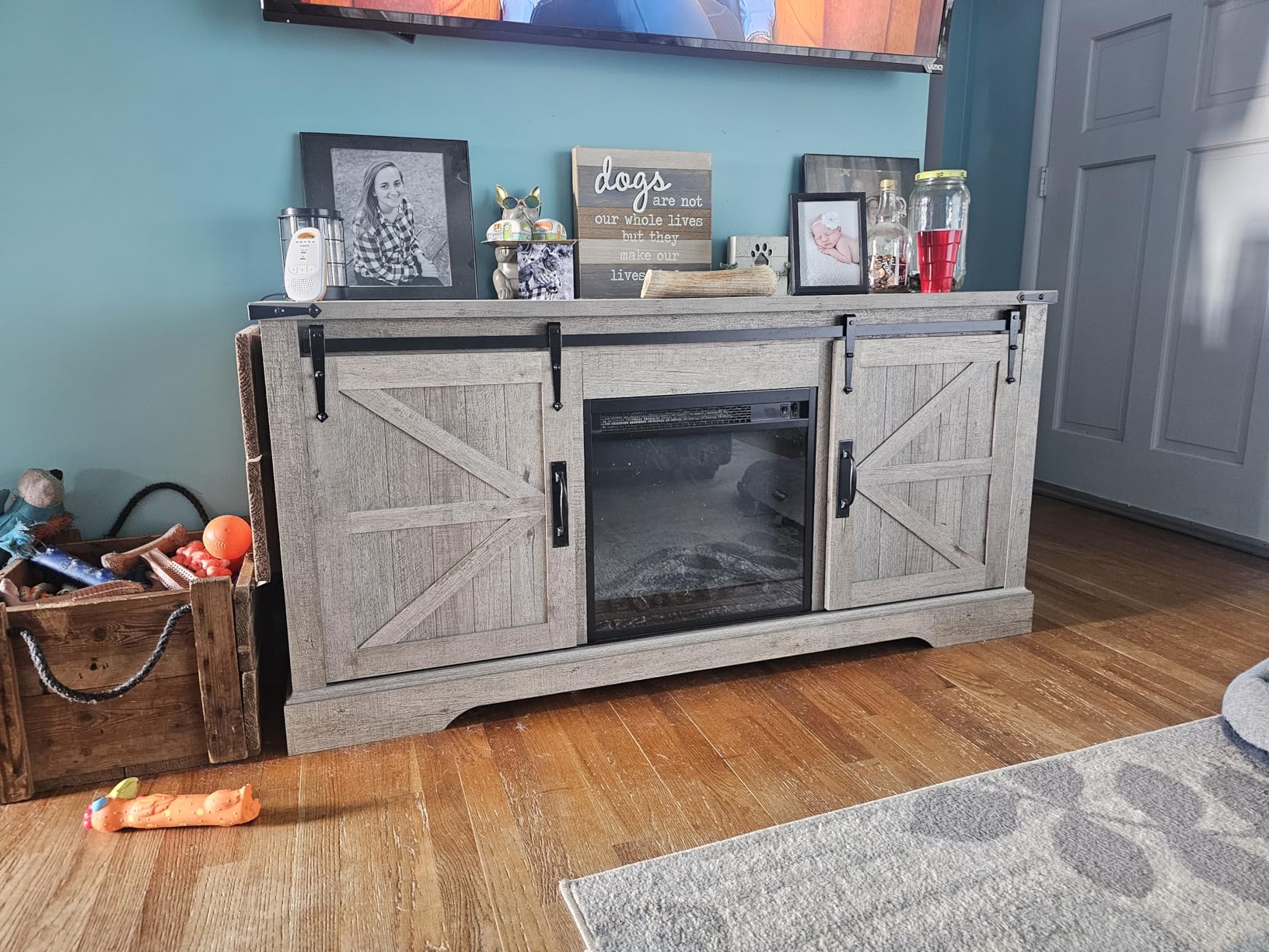 OKD Farmhouse Electric TV Stand for 65+ Inch TV, Rustic Entertainment Center with 18 OKD Farmhouse Electric TV Stand for 65+ Inch TV, Rustic Entertainment Center with 18