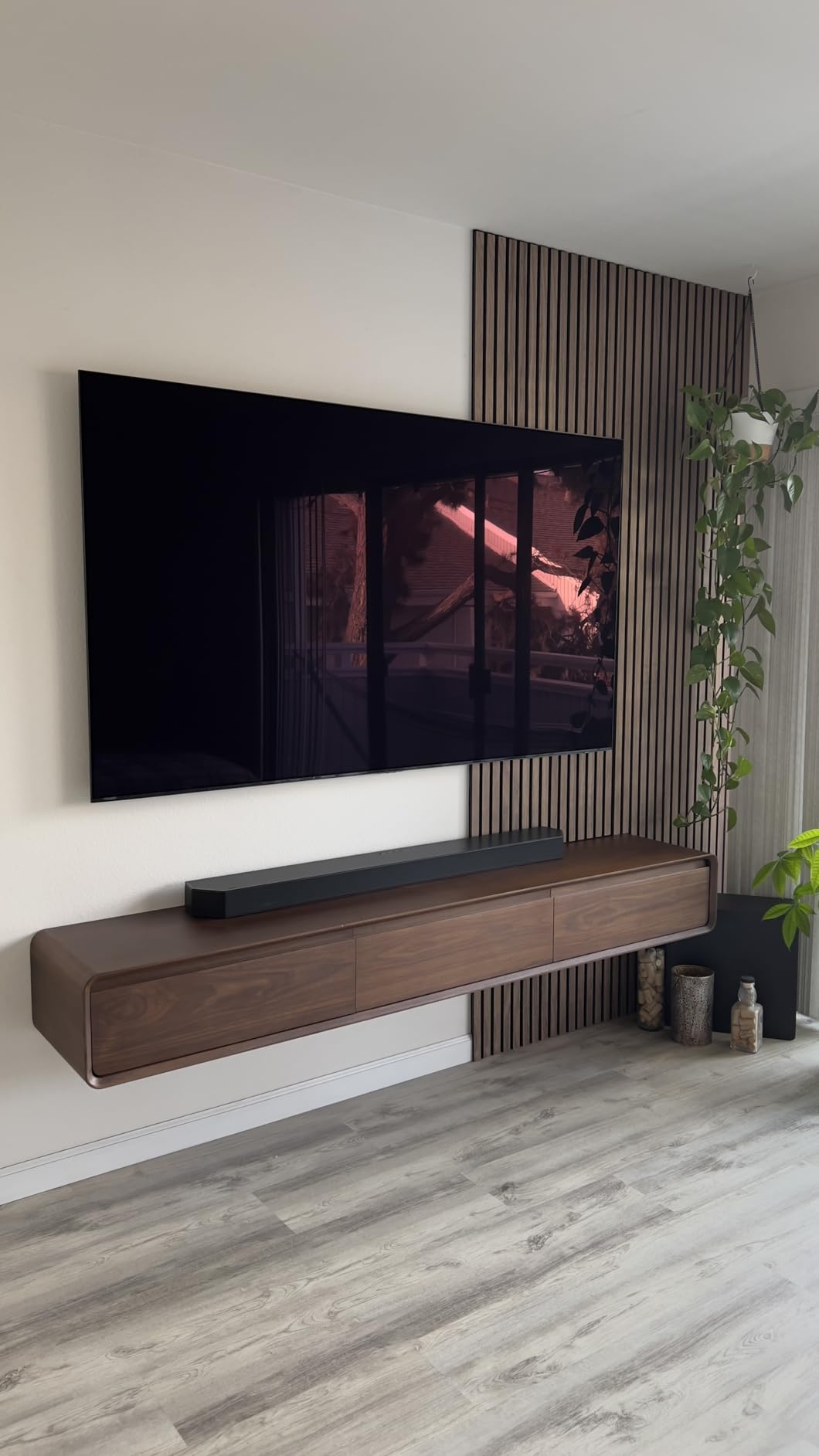POVISON Fully Assembled Floating TV Stand, 63 inch Modern TV Stand with 3 Flip-Down Cabinet Doors, Solid Wood Floating Entertainment Center, Wall Mounted Media Console for Living Room - Customer Photo 1