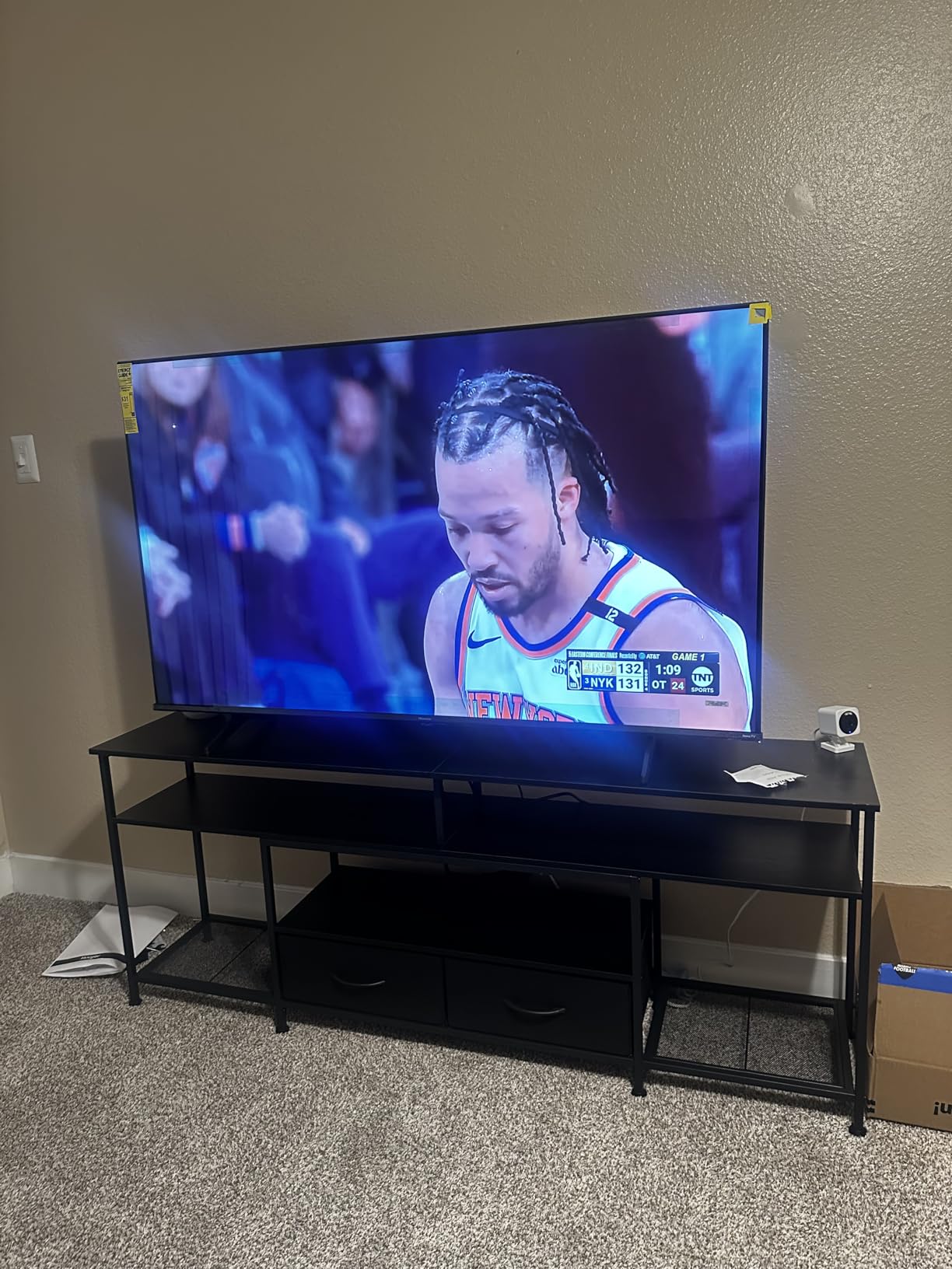 Huuger TV Stand for 65, 70 Inch TV, Entertainment Center with Power Outlets and LED Lights, TV Console for Living Room, Media Console with Drawers and Shelves, Rustic Brown - Customer Photo 1