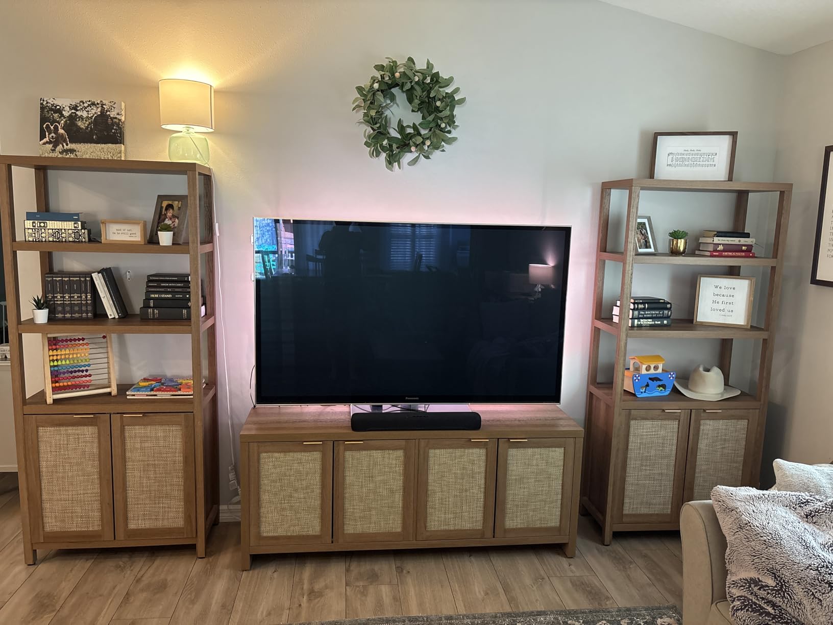 SICOTAS TV Stand for Living Room Boho Entertainment Center for Bedroom with 4 Rattan Cabinets Farmhouse Television Stands with Storage Large Media Console Table for TVs up to 45 50 55 60 65 Inch - Customer Photo 2