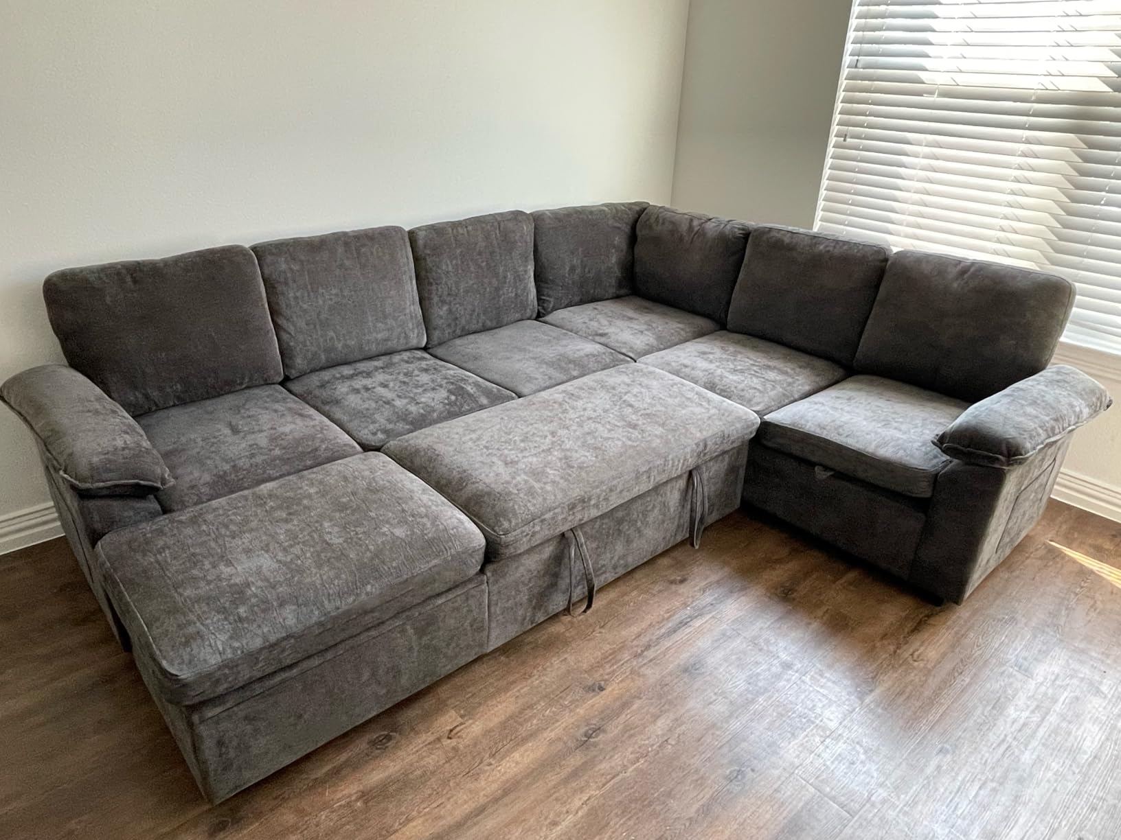 108 Inch Sectional Sleeper Sofa with Pull Out Bed,U Shaped 7 Seat Modular Sectional Sofa with Storage,Sectional Couches for Living Room,Cloud Modular Couch,Removable Sofa Cover,Dark Grey Customer Review 108 Inch Sectional Sleeper Sofa with Pull Out Bed,U Shaped 7 Seat Modular Sectional Sofa with Storage,Sectional Couches for Living Room,Cloud Modular Couch,Removable Sofa Cover,Dark Grey - Customer Photo 1