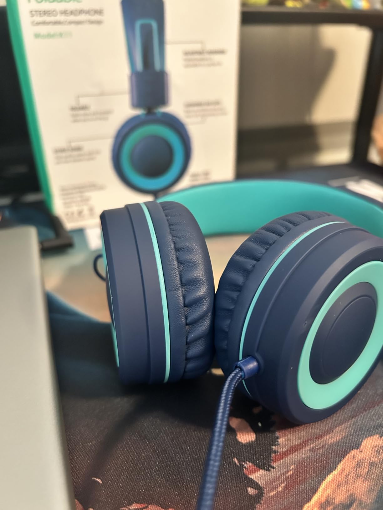 Kids Headphones - noot products K11 Foldable Stereo Tangle-Free 3.5mm Jack Wired Cord On-Ear Headset for Children/Teens/Boys/Girls/Smartphones/School/Kindle/Airplane Travel/Plane/Tablet (Navy/Teal) - Customer Photo 1