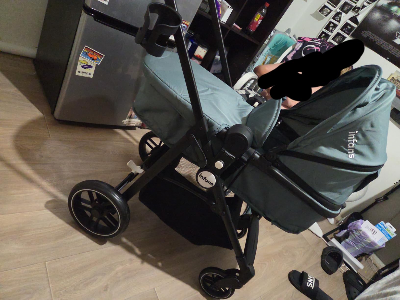 INFANS 2 in 1 Baby Stroller, High Landscape Infant Stroller & Reversible Bassinet Pram, Foldable Pushchair with Adjustable Canopy, Storage Basket, Cup Holder, Suspension Wheels (Black) - Customer Photo 3