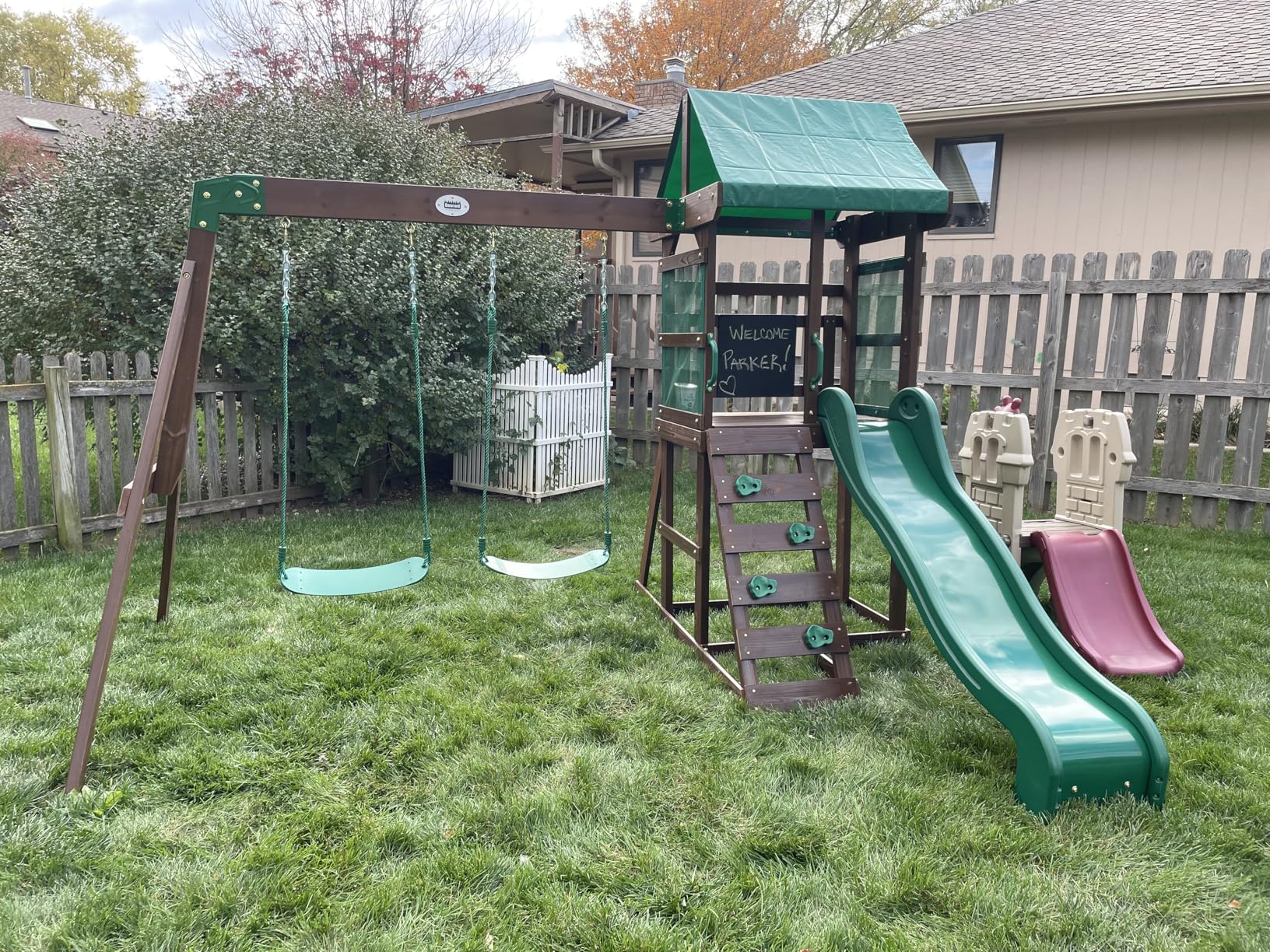 Backyard Discovery Buckley Hill Cedar Wood Swing Set with Wave Slide, Play Deck, Rock Wall Ladder, Belt Swings, Chalkboard, Canopy Roof, Outdoor Playset - Customer Photo 1