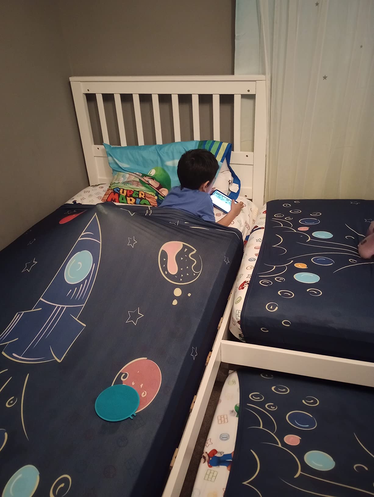 FRIENDLY CUDDLE Sensory Compression Sheet for Kids, Twin Size Stretchy Fabric, A Smart Weighted Blanket Alternative, Mattress Fitted Bedding, Dream Rocket Ship Design - Customer Photo 1
