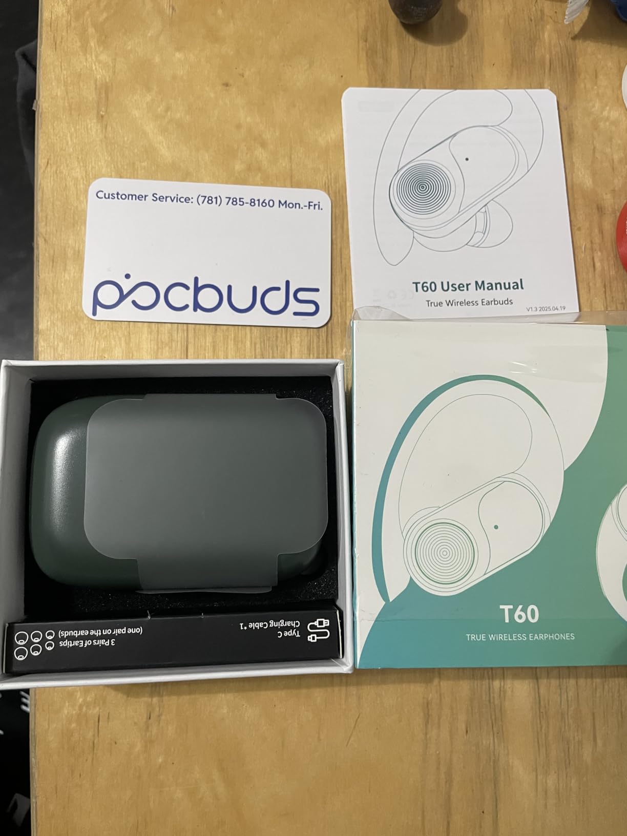 PocBuds Bluetooth Headphones Wireless Earbuds 80hrs Playtime Wireless Charging Case Digital Display Sports Ear Buds with Earhook Deep Bass IPX7 Waterproof Over-Ear Earphones for TV Phone Laptop Black - Customer Photo 4