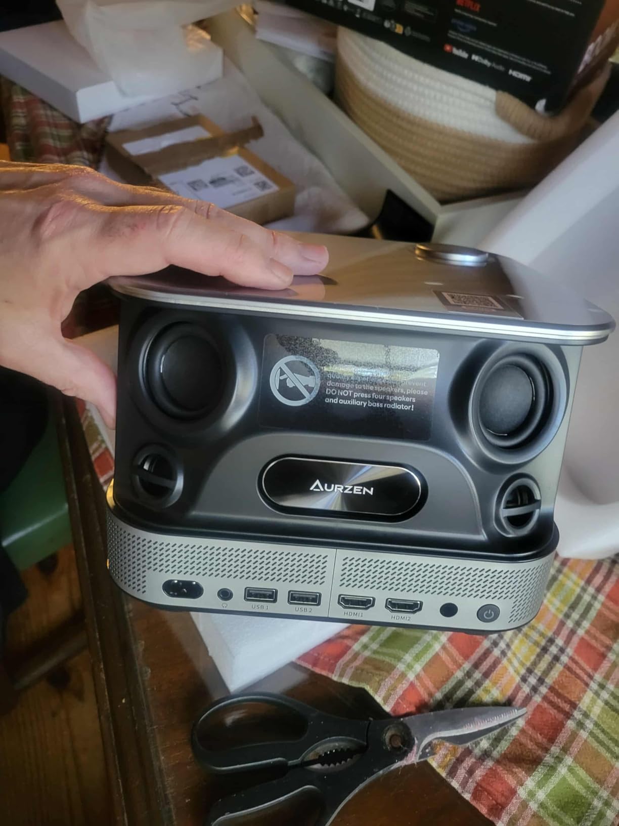 3-in-1 Projector 4K Supported, AURZEN BOOM 3 Smart Projector with WiFi and Bluetooth, 3D DoIby Audio & 36W Speakers, Auto Focus & Keystone, Netflix Official 500 ANSI Home Outdoor proyector, Black - Customer Photo 1