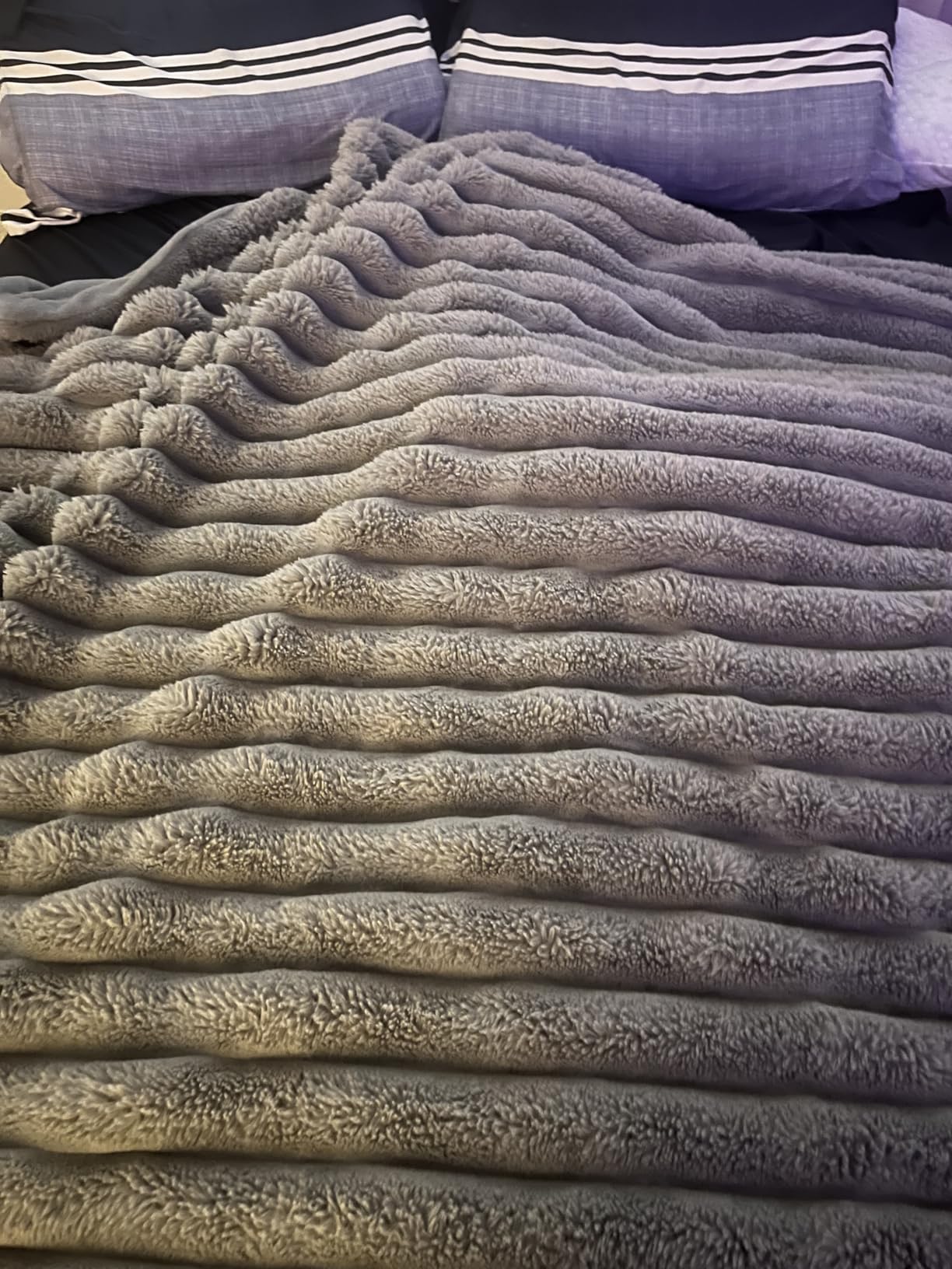 Cozy Bliss Faux Fur Throw Blanket for Couch, Cozy Warm Plush Striped Blanket for Sofa Bedroom Living Room, 50 * 60 Inches Black - Customer Photo 1