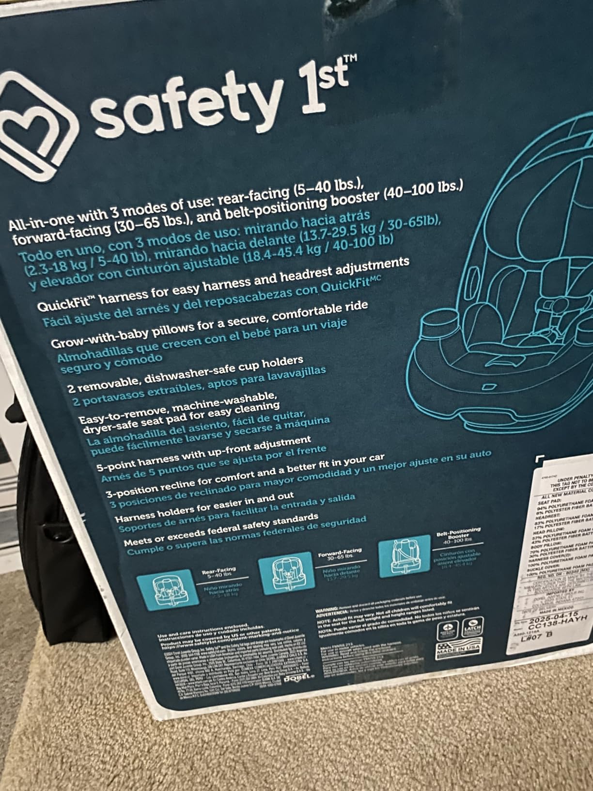 Safety 1st Grow and Go All-in-One Slim Convertible Car Seat, Rear Facing, 5-40 lbs, Forward Facing (30–65 lbs), High Back Booster Seat 40-100 pounds, Black Phantom - Customer Photo 3