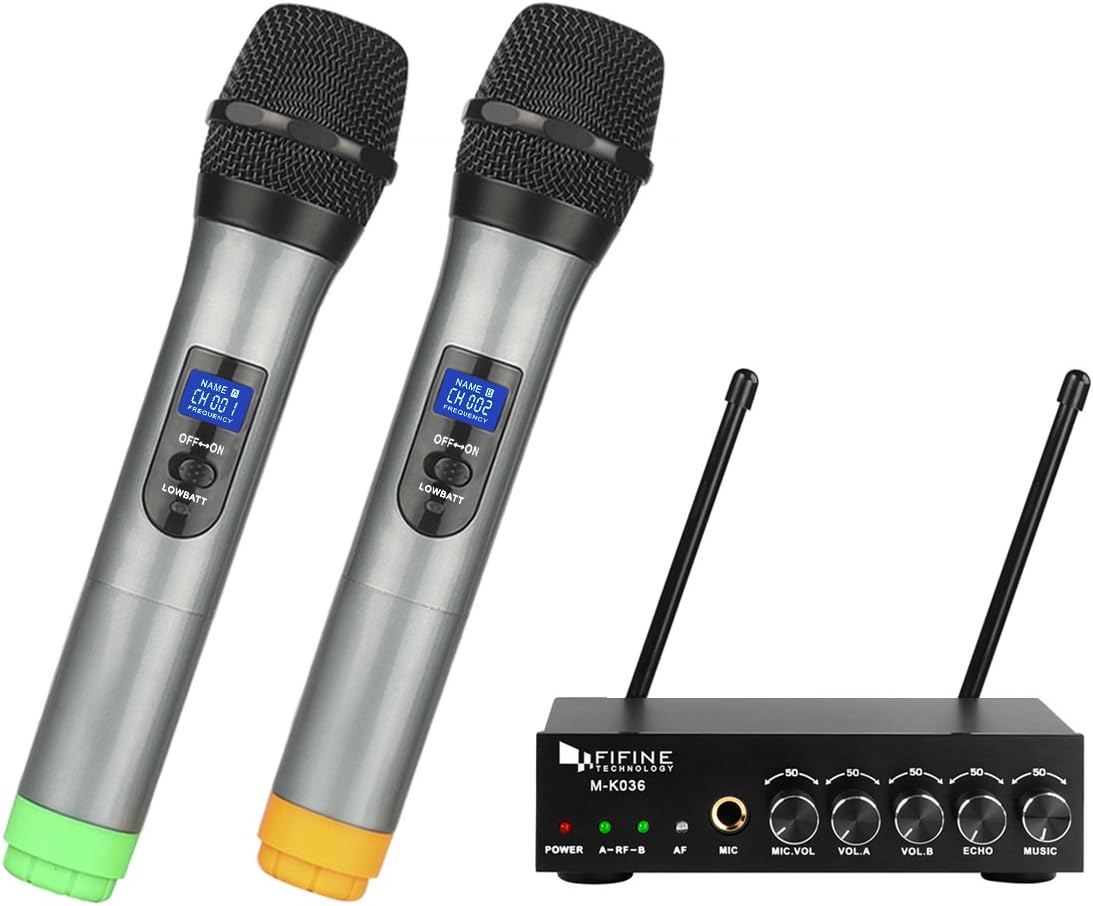 FIFINE UHF Dual Channel Wireless Handheld Microphone, Easy-to-use Karaoke Wireless Microphone System-K036 - FIFINE