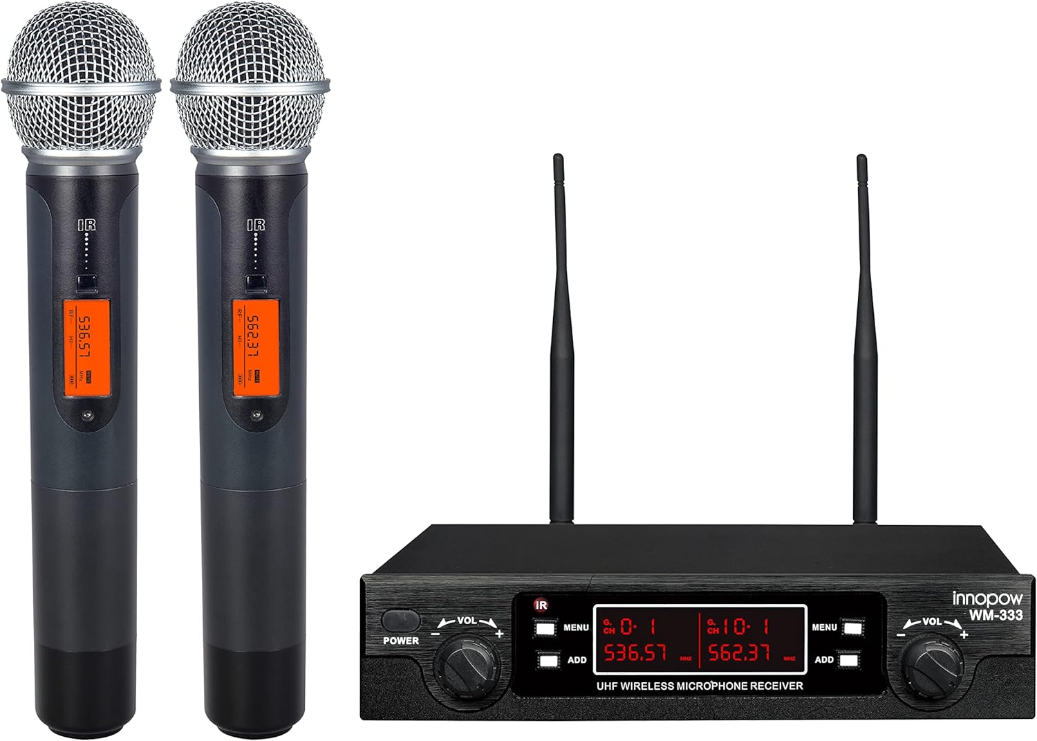 200-Channel Wireless Microphones System, Dual UHF Metal Cordless Mic Set, Auto Scan, Long Range 200-240Ft,16 Hours Use for Karaoke Singing, Church, 2022 Version(WM333) - innopow