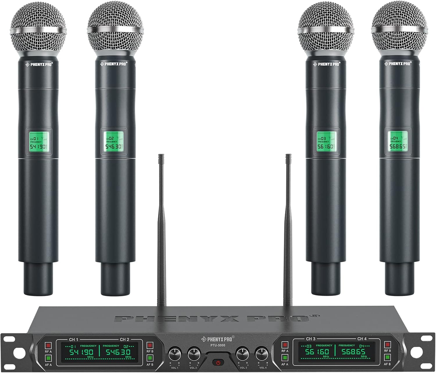 Phenyx Pro Wireless Microphone System, 4-Channel UHF Wireless Mic, Fixed Frequency Metal Cordless Mic with 4 Handheld Dynamic Microphones, 260ft Range, Mics for Singing, Church(PTU-5000-4H) - Phenyx Pro