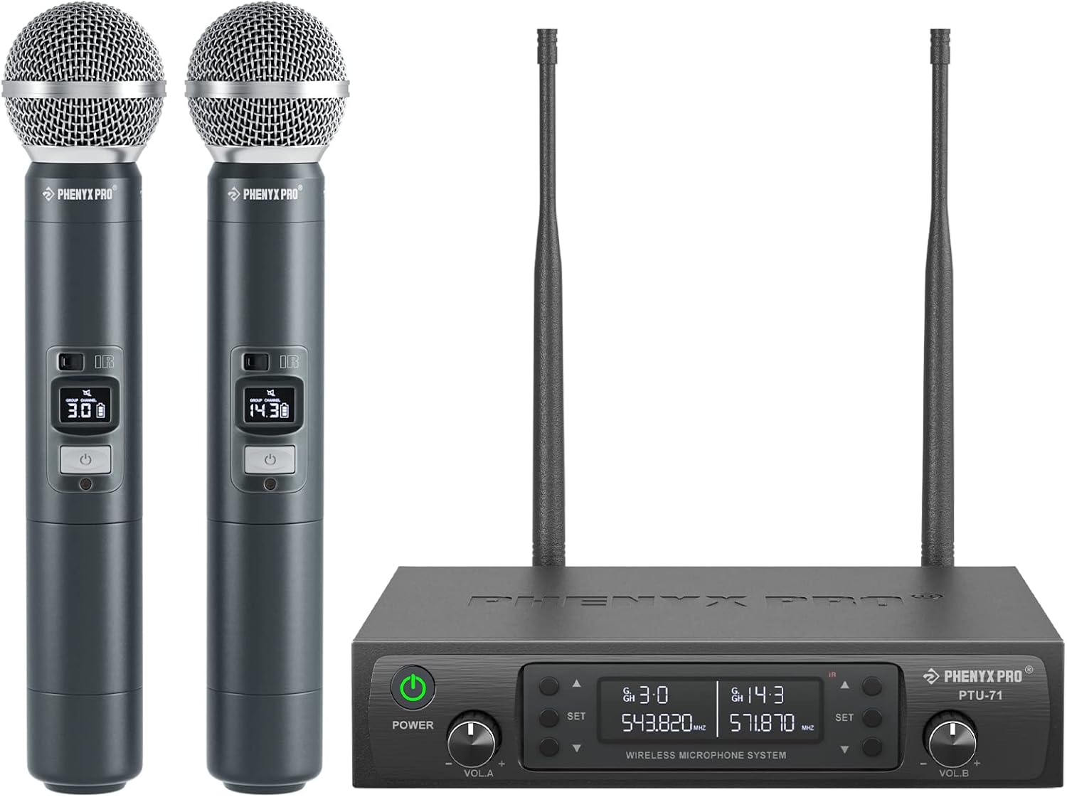 Phenyx Pro Wireless Microphone System, Dual Wireless Mics,w/ 2 Handhelds, Auto Scan,2x100 UHF Frequencies,328ft Range,Dynamic Microphone for Singing, Karaoke, Church(PTU-71-2H) - Phenyx Pro