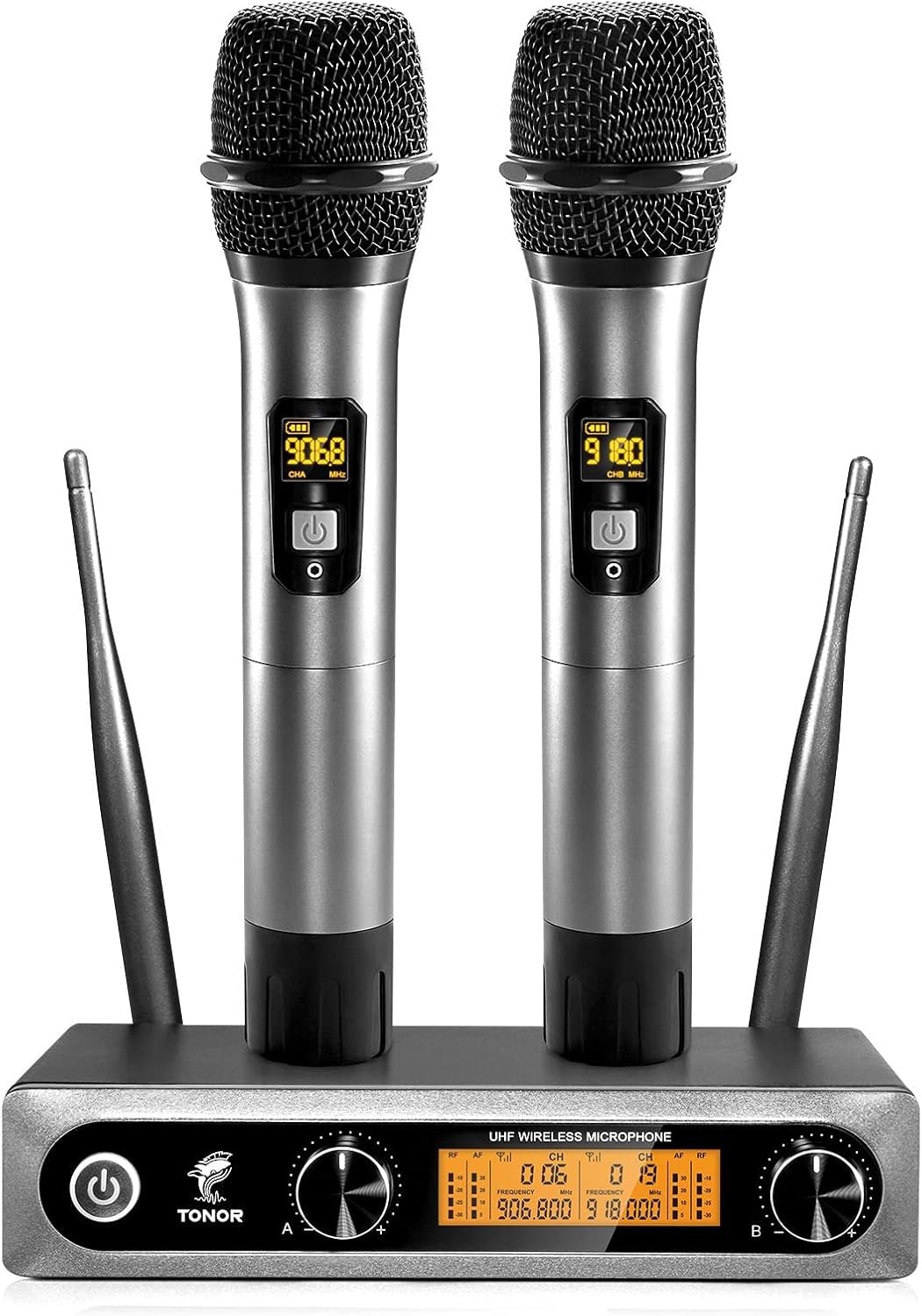 TONOR Wireless Microphones System, 2 * 15 Channel Metal Professional UHF Cordless Dynamic Handheld Mics with Receiver for Home Karaoke, Meeting, Party, Church, DJ, Wedding, KTV, 200ft, TW-820 Silver - TONOR