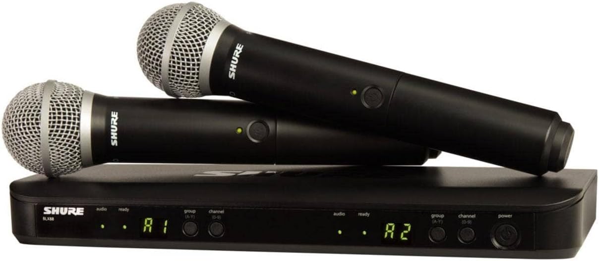 Shure BLX288/PG58 Wireless Microphone System - 14-Hour Battery Life, 300 ft Range, UHF | Includes (2) PG58 Handheld Vocal Mics, Dual Channel Receiver | J11 Band (BLX288/PG58-J11) - Shure