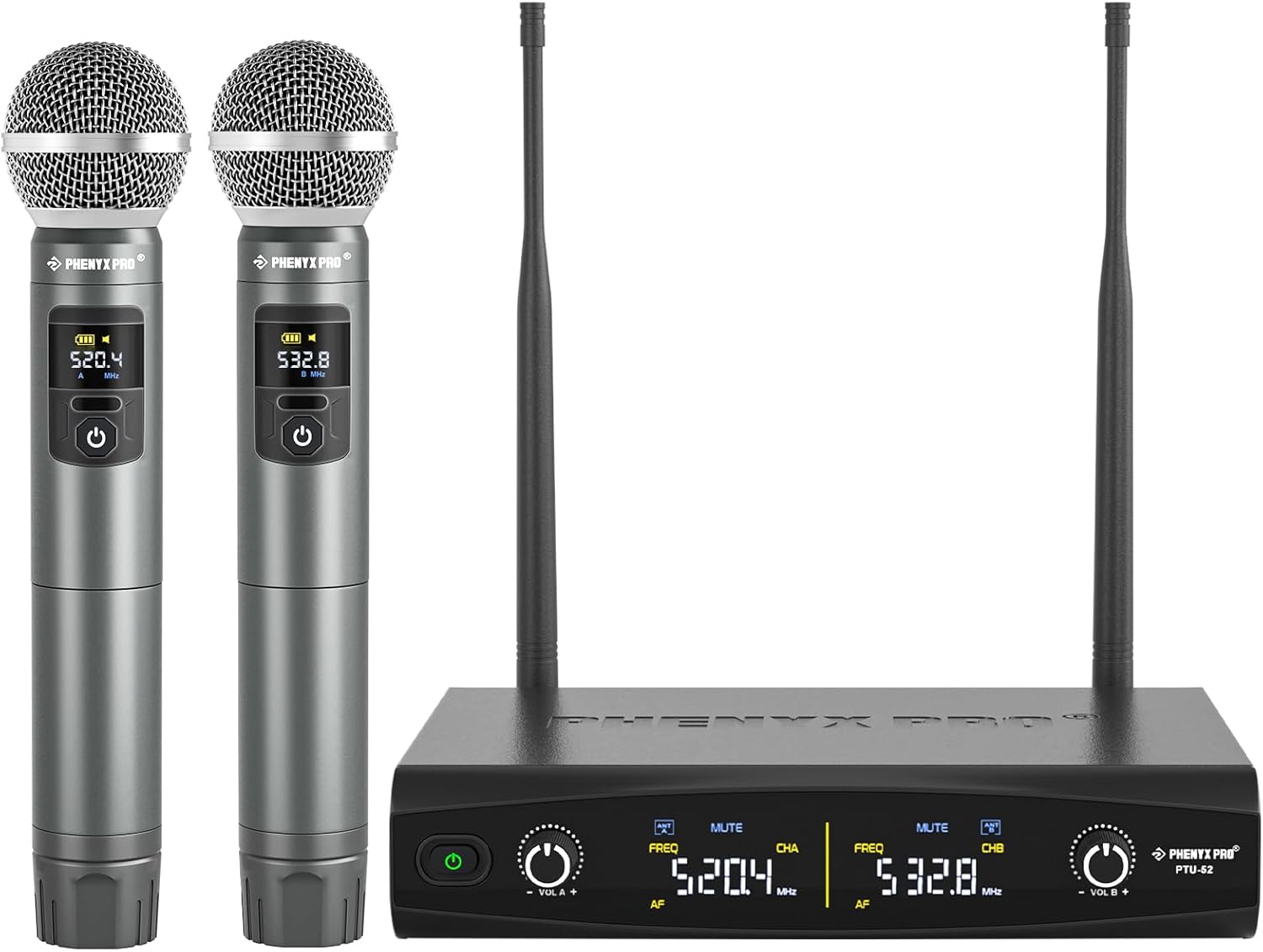 Phenyx Pro Wireless Microphone System, Metal Wireless Mic Set, Handheld Cordless Dynamic Microphones for Singing, Karaoke, Church, 2x30 UHF Tunable Frequencies,200 ft Range (PTU-52-2H) - Phenyx Pro