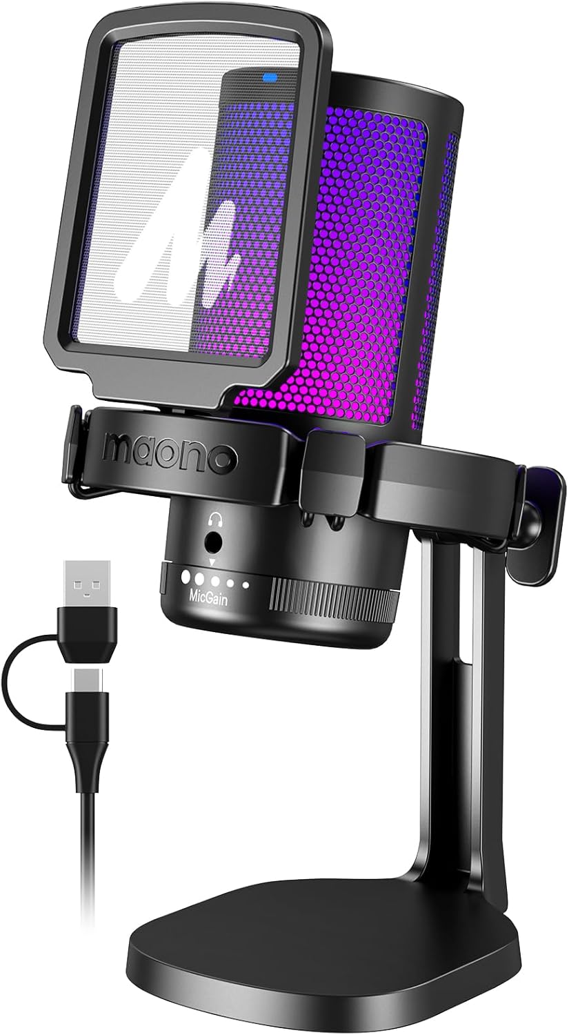 MAONO USB Gaming Microphone for PC, Noise Cancellation Condenser Mic with RGB Lights, Mute, Gain for Streaming, Recording, Podcast, Chat, Twitch, YouTube, Discord, Computer, PS5, PS4, GamerWave - Brand