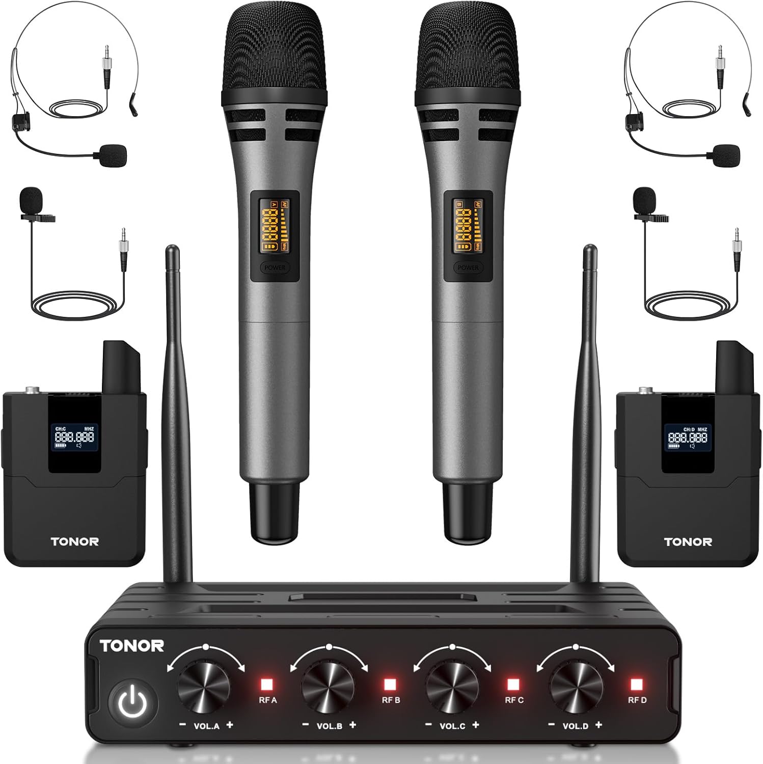 TONOR Wireless Microphone System, 4 * 10-Channel UHF Cordless Handheld Mic Set with Headset/Lavalier Lapel Mics, Bodypack Transmitter, Receiver, 200ft Range for Karaoke Singing Church DJ PA Speaker - TONOR